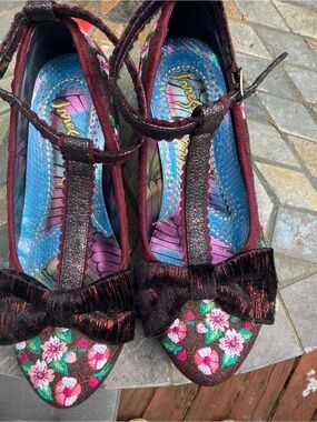 Irregular Choice Burgundy Floral T-Strap Heels with Bow, size 39
